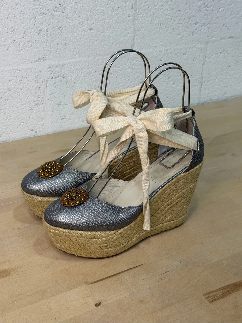 Metallic Silver Espadrille Wedge Sandals with Cream Ribbon Tie